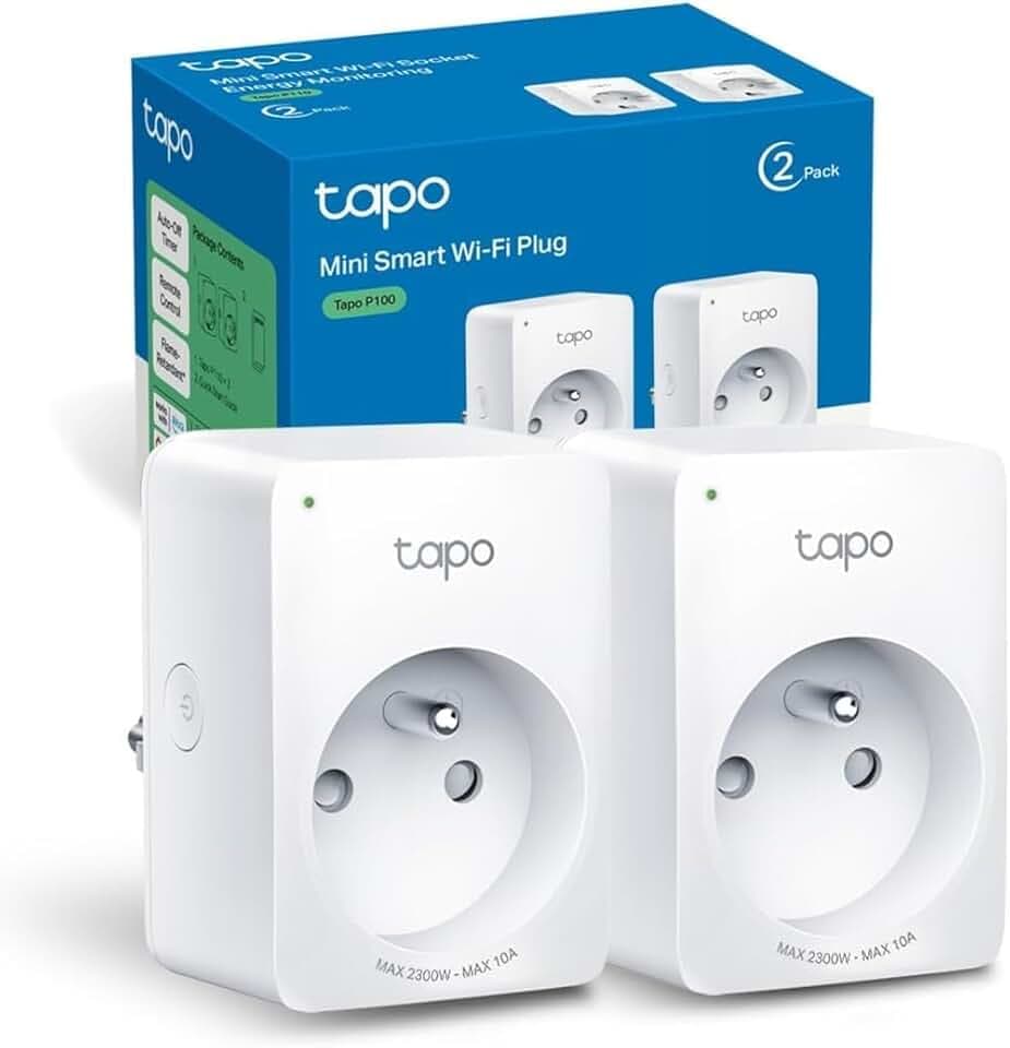Tapo Prise Connectée WiFi, Prise Intelligente compatible avec Alexa et Google Home, 10A Type E, Contrôler le radiateur, la cafetière, la lampe à distance, aucun hub requis, Tapo P100(FR) 2 Pack