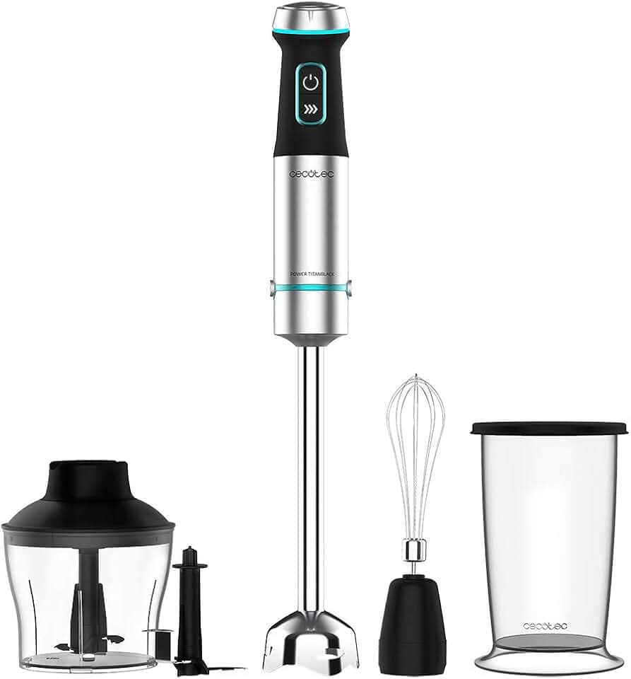 Cecotec Mixeur plongeant Power TitanBlack 1200 XL Cream&Crush. 1200 W, Lames de 4 feuilles revêtues en titane noir, Pied XL, Cloche anti-éclaboussures et un sélecteur de Vitesse progressif