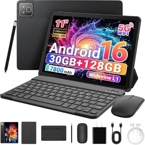 Tablette de 11 Pouces Android 16 Tablette, 2 en 1 Tablettes avec Cas de Stylo de Souris Clavier, RAM de 30 Go ROM de 128 Go (1TB TF Expand), 7800mAh, WiFi 6, BT5.4, Pour l'étude de Travail, Noir