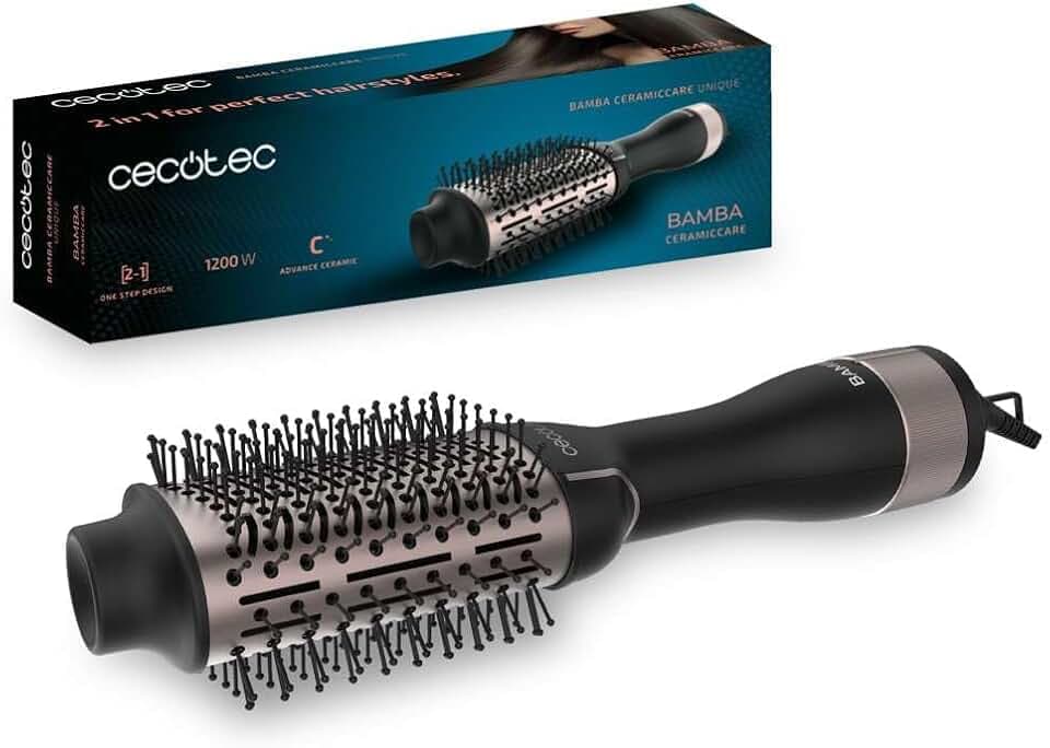 Cecotec Brosse à Air Volumisante Bamba CeramicCare Unique. 1200 W de Puissance, 2 en 1 : Sèche-cheveux et Styliseur, Revêtement Céramique, 2 Vitesses et 3 Températures, Fonction Air Froid