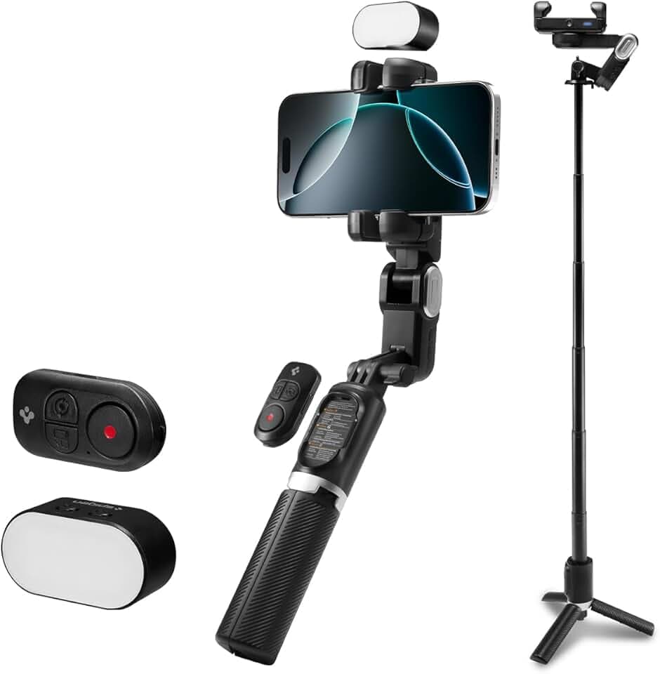 Spigen Stabilisateur Gimbal pour Smartphone avec Reconnaissance Faciale, Rotative Verticale et Horizontale, Lumière LED Magnétique, Télécommande Bluetooth S620W - Noir
