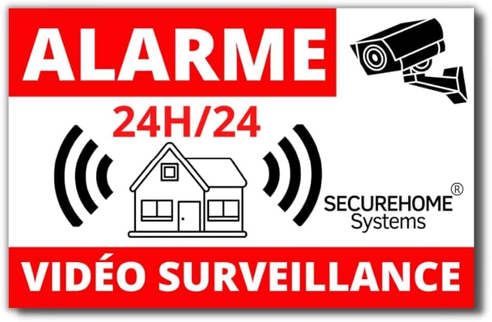 Lot de 8 autocollants fond blanc dissuasifs vol 8,5x5,5cm - Alarme + Vidéo-surveillance 24h/24 - Haute qualité, résistance pluie et UV…