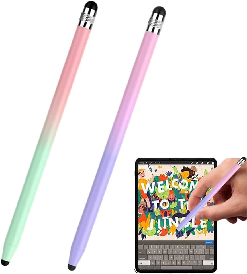 Stylet Tablette 2 En 1, 2 Pièces (Dégradé Vert-Rose + Violet-Rose), 6 Embouts De Rechange, Compatible Iphone/Ipad/Samsung/Tablettes, Taille Standard
