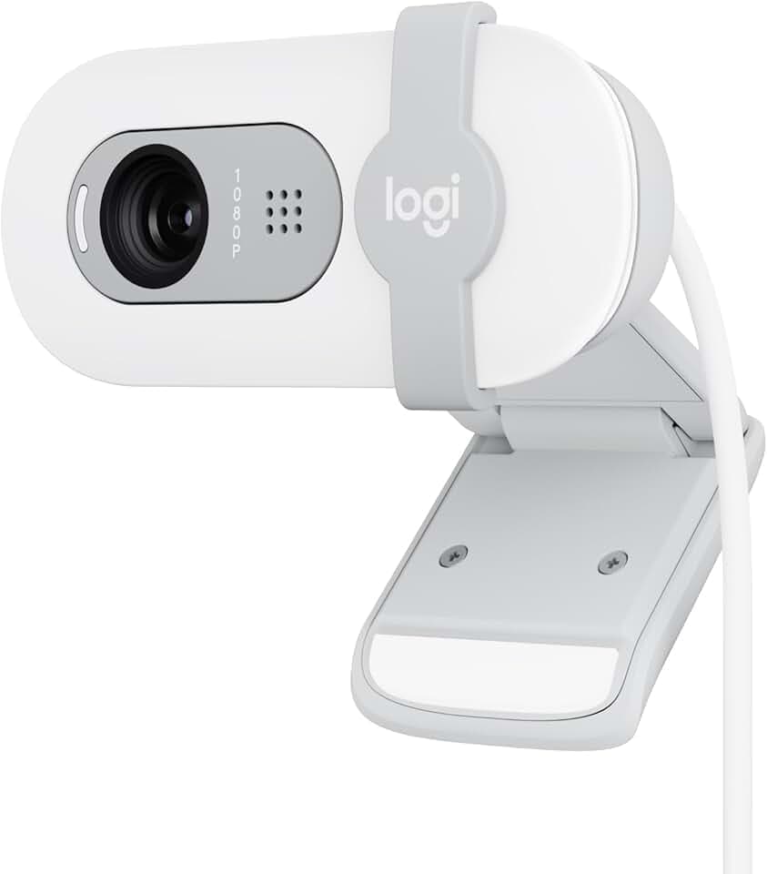 Logitech Brio 100 Webcam Full HD pour réunions/Streaming, équilibre Auto de l'éclairage, Micro intégré, volet de confidentialité, USB-A, pour Microsoft Teams, Google Meet, Zoom - Blanc