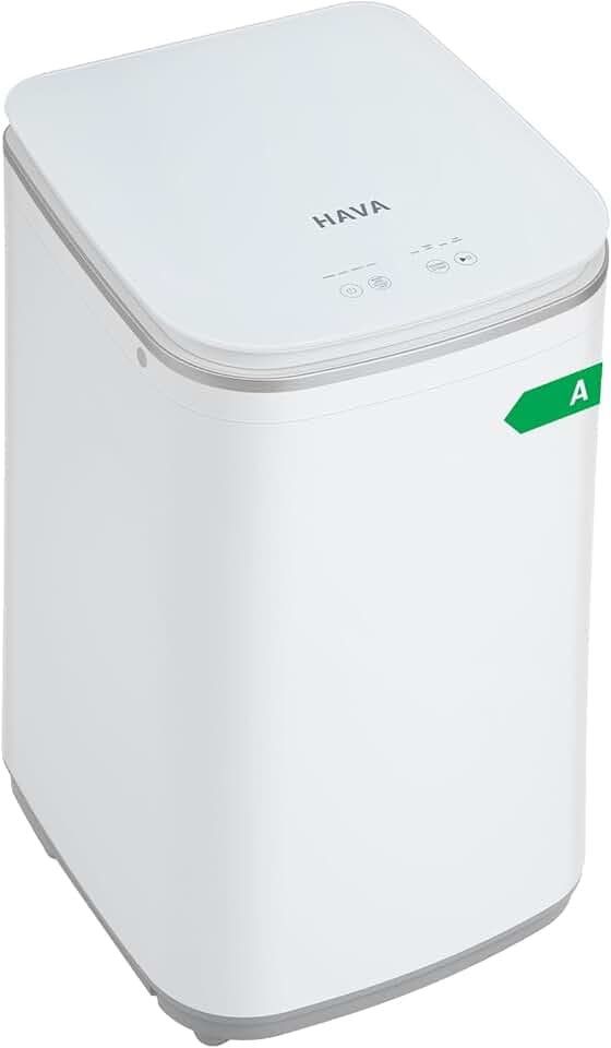 HAVA Mini Machine à Laver, Capacité 3 kg - Mini Lave-linge avec Essorage, Automatique avec 8 Programmes, Fonction Lavage à Chaud et Drainage par le Haut, Gain de Place pour