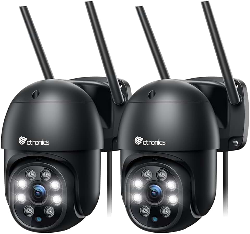 Ctronics 4MP Caméra Surveillance WiFi Extérieure, 2.4/5Ghz WiFi PTZ Caméra IP, Vision Nocturne Couleur, Détection Humaine, Suivi Automatique, Cloud, Audio Bidirectionnel, IP66 (2 Pack)