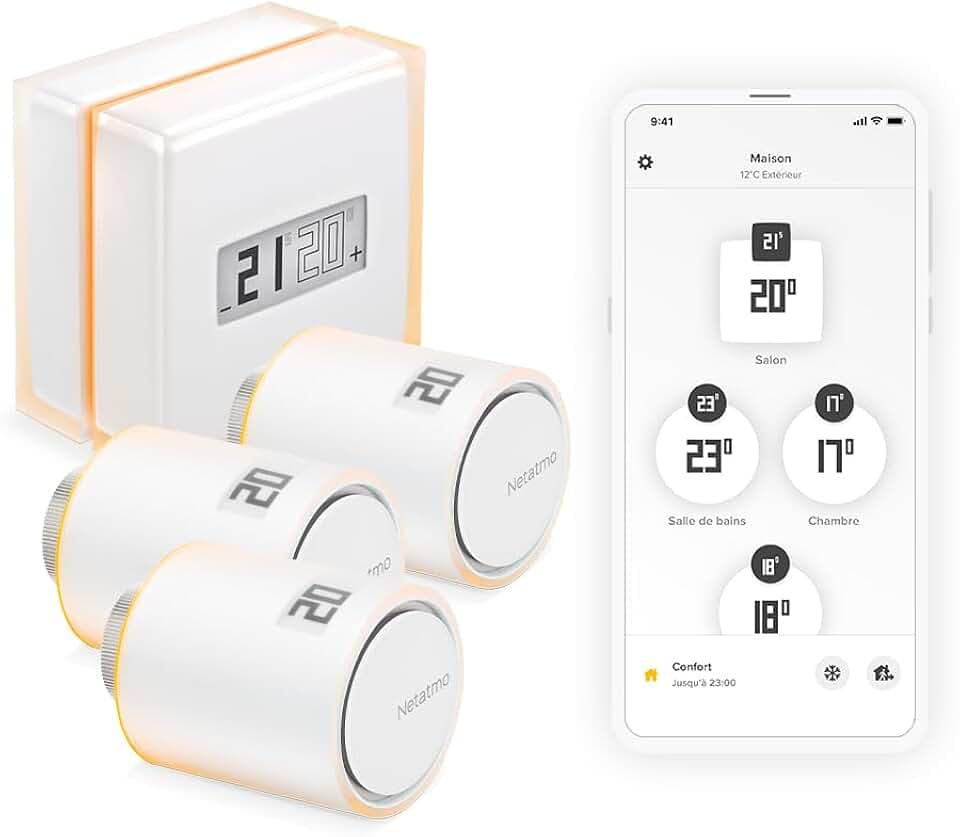 Netatmo Pack Thermostat Intelligent + 3 Têtes Thermostatique Connectées et Intelligentes, WiFi, Contrôle à Distance Via Application, Compatible avec Chauffage Individuel, NBU-NTH-NAV-EU