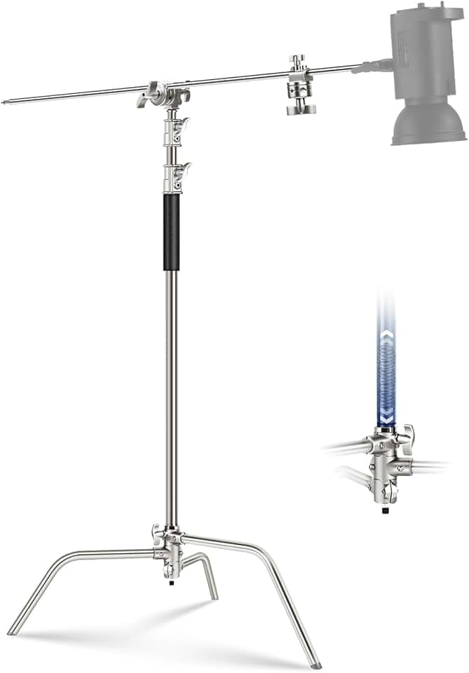 NEEWER Basics SC320 Lite Support en C Robuste 100% Acier Inoxydable avec Bras Perche, Support d'éclairage de Photographie de 320 cm, Bras de Maintien de 128 cm, 2 têtes de préhension pour Studio