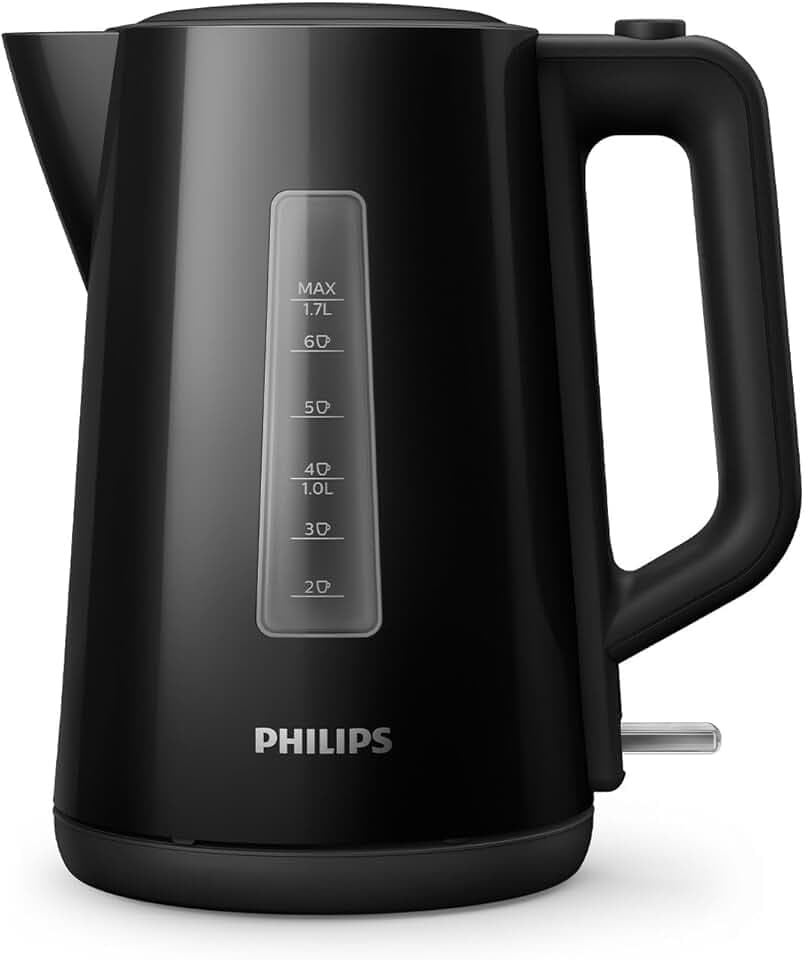 Philips Series 3000 Bouilloire, 1,7 l Couvercle à ressort, Élément chauffant plat, Voyant lumineux, Filtre amovible, Multiples systèmes de sécurité, Noir (HD9318/20)