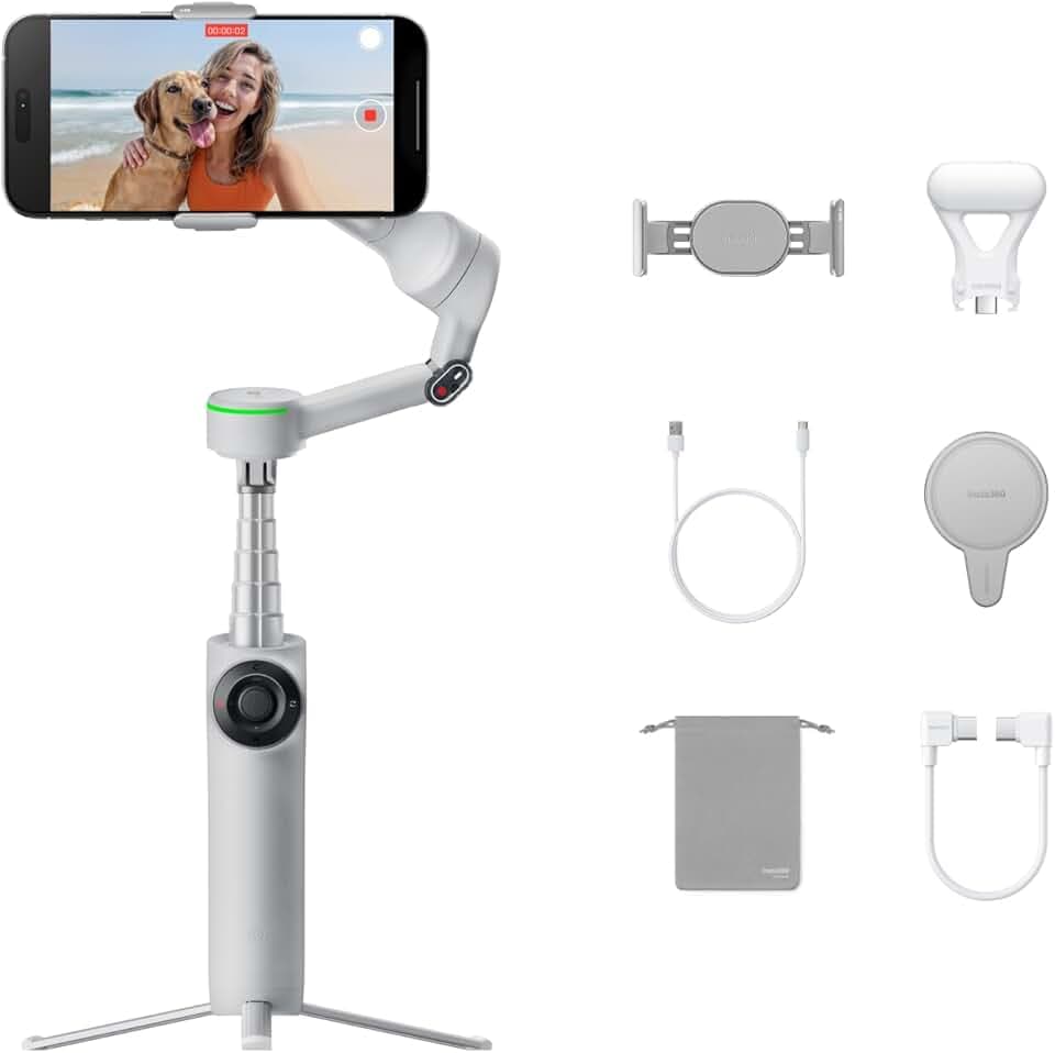 Insta360 Flow 2 Pro Stabilisateur Smartphone IA avec Suivi natif iPhone, Android, Gimbal avec Suivi 360°, trépied et Perche à Selfie intégrés, léger Portable pour vlog Voyage - Pack créateur Gris