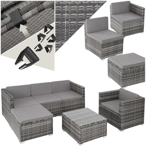 tectake® Ensemble Salon de Jardin Exterieur en Poly Rotin Modulable 5 Places 4 Fauteuil Salon 1 Tabouret Pouf et 1 Table de Jardin, Coussins Inclus, Mobilier de Jardin pour Amenagement Balcon