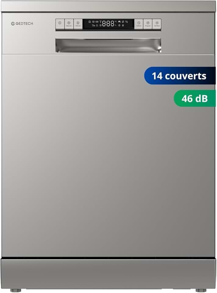 GEDTECH - Lave-vaisselle posable noir 14 couverts GLV1446SL - Départ différé - Eco - Rapide - 46 dB (Argent)