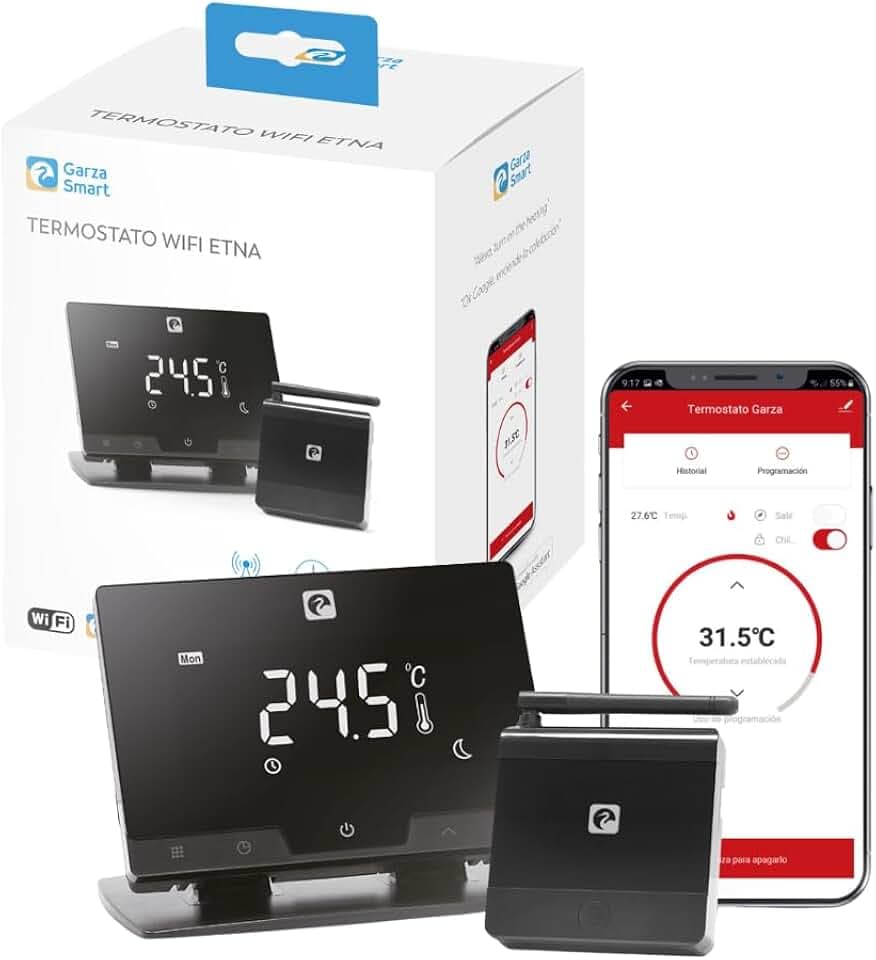 Garza - Thermostat WiFi Intelligent Sans Fil pour Chauffage et Chaudière, Programmable, Écran Tactile, Commande Vocale (Alexa/Google), 2,4 GHz, Noir