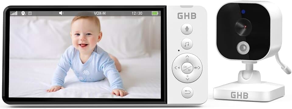 GHB Babyphone Camera Bebe Surveillance 5" 2,4 GHz 8 Berceuses Babyphones sans WiFi Baby Phone avec Camera VOX Mode Capteur de Température Communication Bidirectionnelle Vision Nocturne Non Rotation