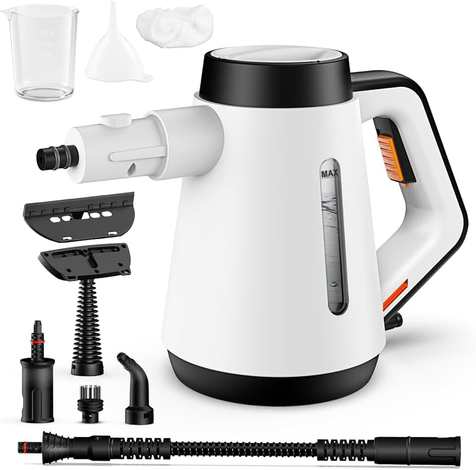 Fippesax 1200W Nettoyeur à vapeur,Chauffage instantané 15S,Nettoyeur à vapeur multipurpose pressurisé 400ml avec 9pcs Accessoires (blanc)