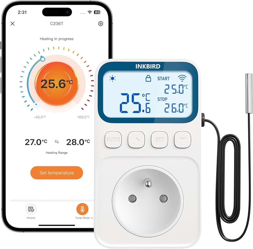 Inkbird C236T Prise Thermostat Connectée, Regulateur de Temperature WiFi Chauffage Refroidissement Contrôle à Distance Modes Multiples et Fonction Alarme pour Serre,Brassage,Reptile