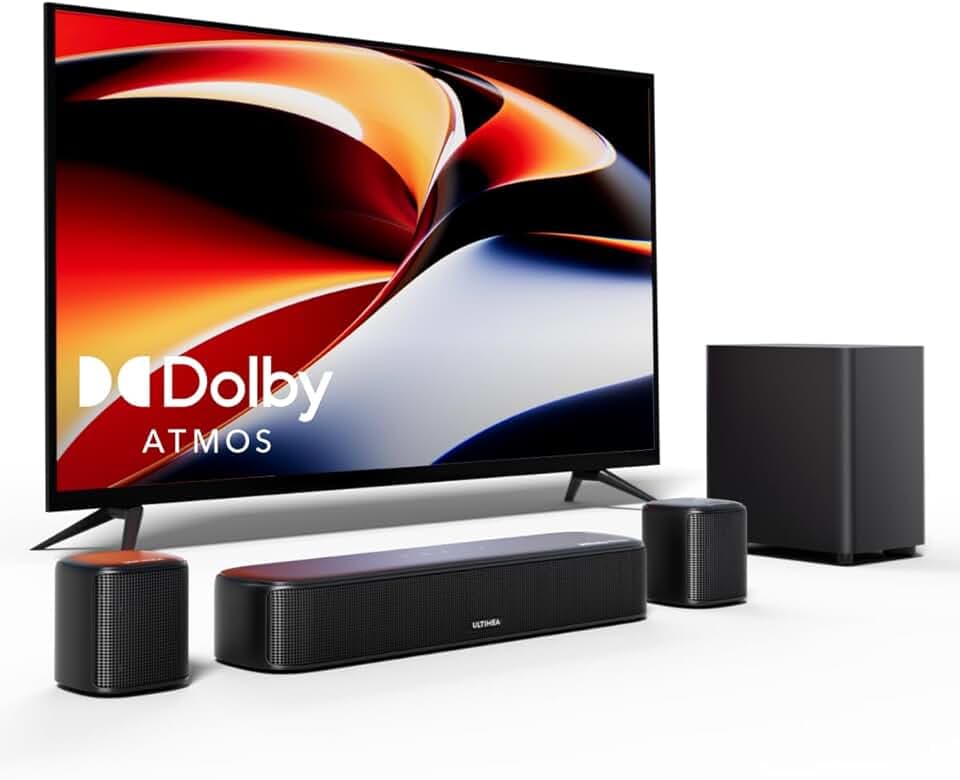 ULTIMEA Barre de Son 5.1ch avec Dolby Atmos, Système Surround pour TV, Barres de Son pour Home Cinema, 2 Haut-parleurs Surround, HDMI eARC/Opt/AUX/BT, Contrôle par App, Aura A50 Pro