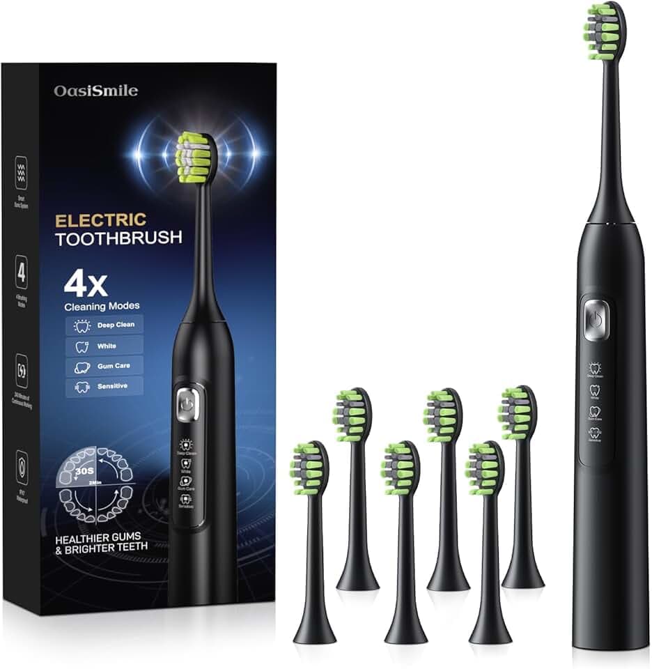 OasiSmile Brosse À Dent Électrique Soniques pour Adultes, 120 Jours d’Autonomie, 6 Têtes, 4 Modes, Brosse a Dent Electrique Rechargeable pour Famille et Voyage, Minuterie 2 Min & Rappel, IPX7
