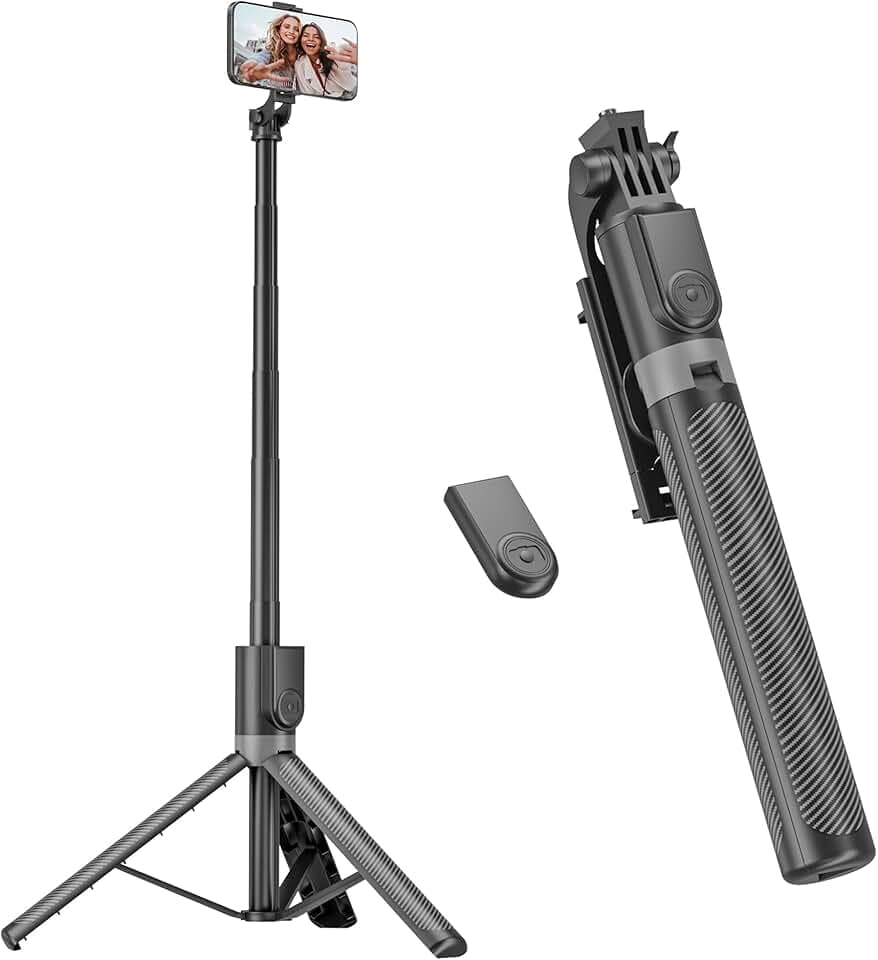 180cm Trepied Smartphone & Perche a Selfie, Trepied Telephone Portable Rétractable en Aluminium avec Télécommande sans Fil pour iPhone/Samsung/Android/Caméra