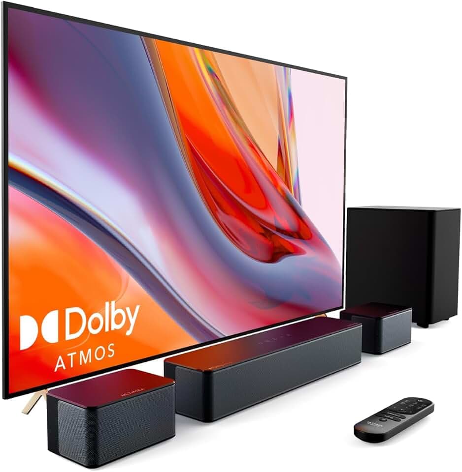 ULTIMEA Barre de Son Dolby Atmos 5.1, Système de Son Surround 3D Barre de Son TV avec Caisson de Basse sans Fil, Enceintes TV Home Cinema Bass Réglable, Série Poseidon D60