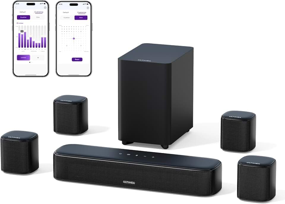ULTIMEA 7.1 Barre de Son TV 330W pour Home Cinema, Barres de Son avec Caisson de Basse, Système de Son Surround Virtuel pour TV, 4 Haut-parleurs Surround, App Contrôle, Opt/AUX/BT, Aura A40