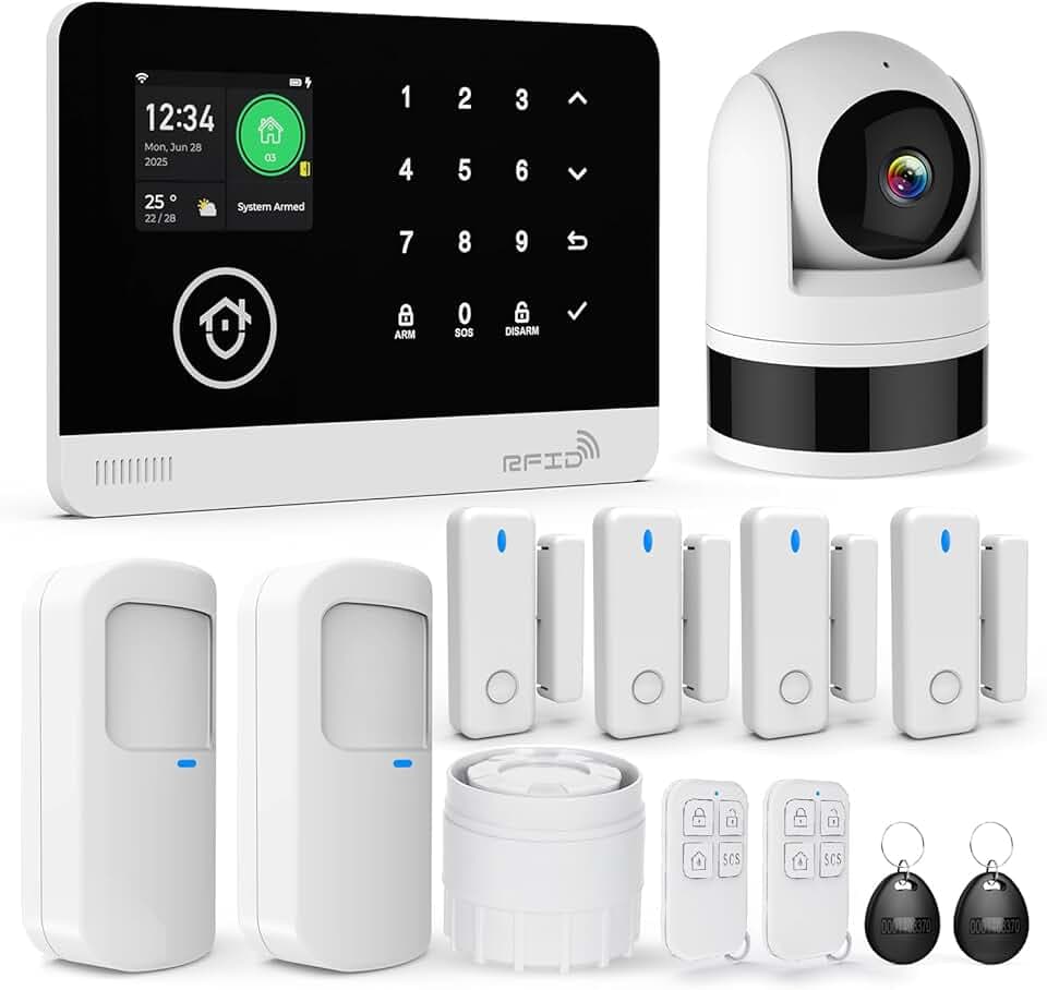 Système de Sécurité Domestique avec Caméra, Système D'alarme sans Fil WiFi/GSM SMS avec Détecteur de Mouvement, Sirène D'alarme 120dB, Télécommande Intelligente, Compatible avec Alexa(13 Pièces)