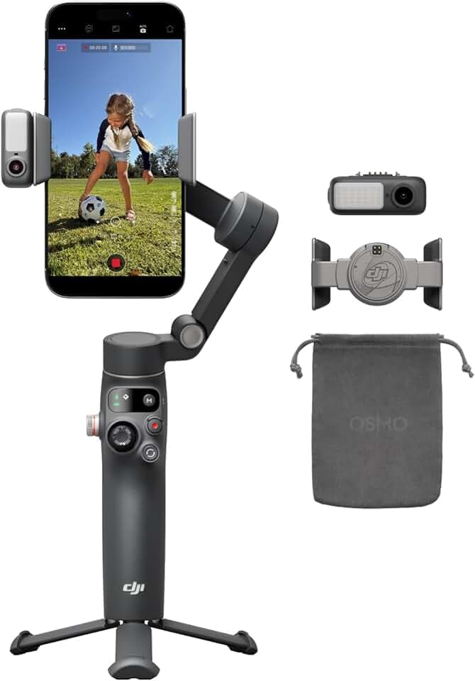 Nacelle stabilisatrice pour Smartphone DJI Bundle Suivi avancé Osmo Mobile 8, Suivi natif IA avec Audio et éclairage, Rotation panoramique à 360°, Barre d’Extension et trépied intégrés