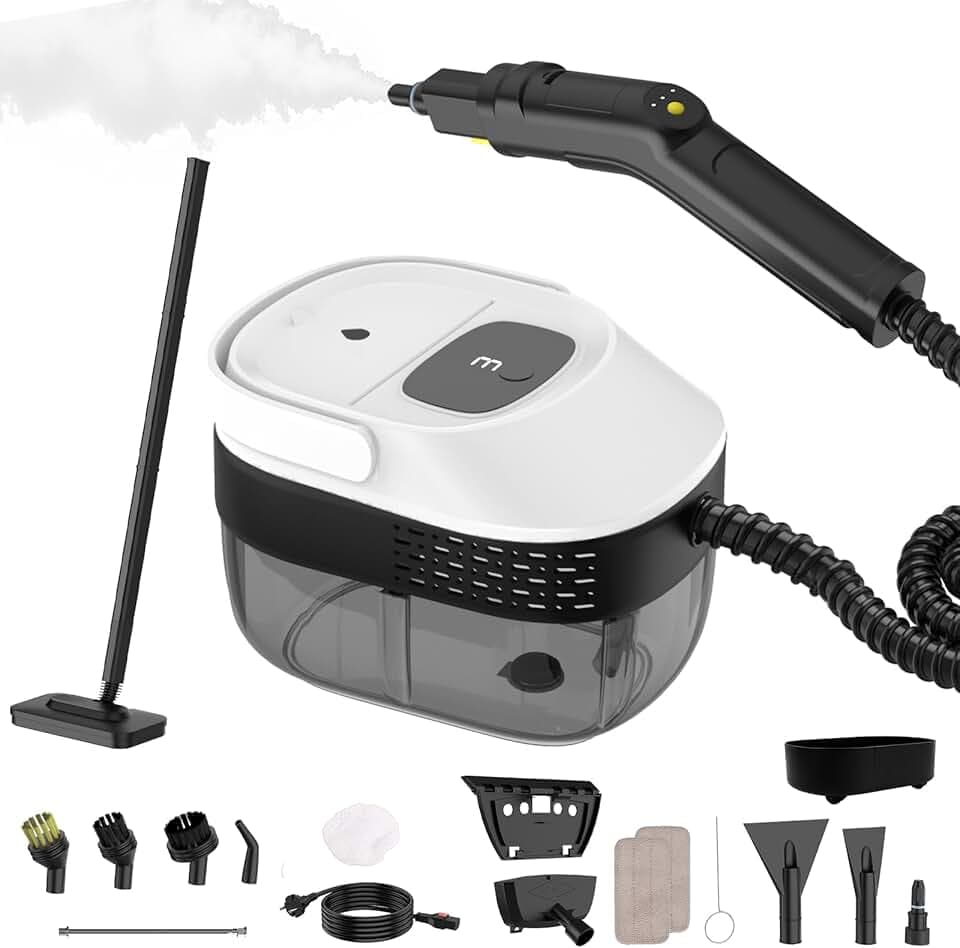 Nettoyeur Vapeur avec Balai, Poignée Réglable à 3 Positions, Chariot de Transport, Réservoir d'eau de 1,6 L, Temps de Chauffe de 15 Secondes, 17 Accessoires, pour Sols, Cuisines, Fenêtres