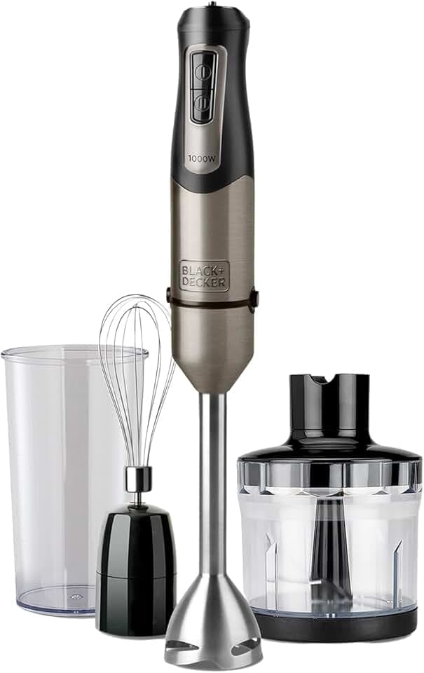 BLACK+DECKER BXHBA1000E - Mixeur plongeant multifonction 3 en 1 1000W, 20 vitesses + Turbo, anti-éclaboussures, verre doseur, bol hachoir, fouet, noir et inox anti-traces de doigts