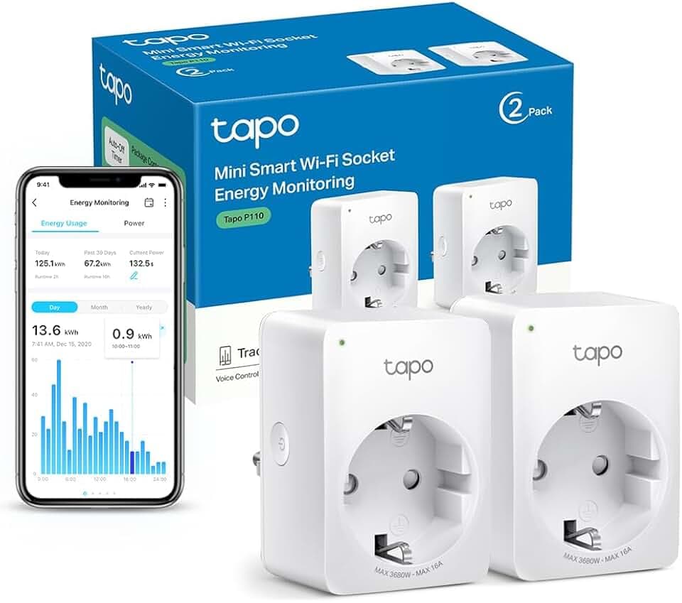 Tapo Prise Connectée WiFi, Suivi de consommation, 16A Type F, compatible avec Alexa et Google Home, Contrôler le radiateur, le chauffage, Économie d'énergie, Commande vocale, Tapo P110(2-pack)