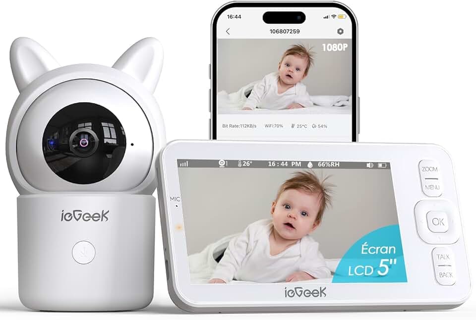 ieGeek 1080P/ 5" Babyphone Caméra,PTZ 355° Baby Phone Vidéo connecté Smartphone, Visiophone avec Alertes Intelligentes/Vision Nocturne/Suivi Automatique (Baby 7)