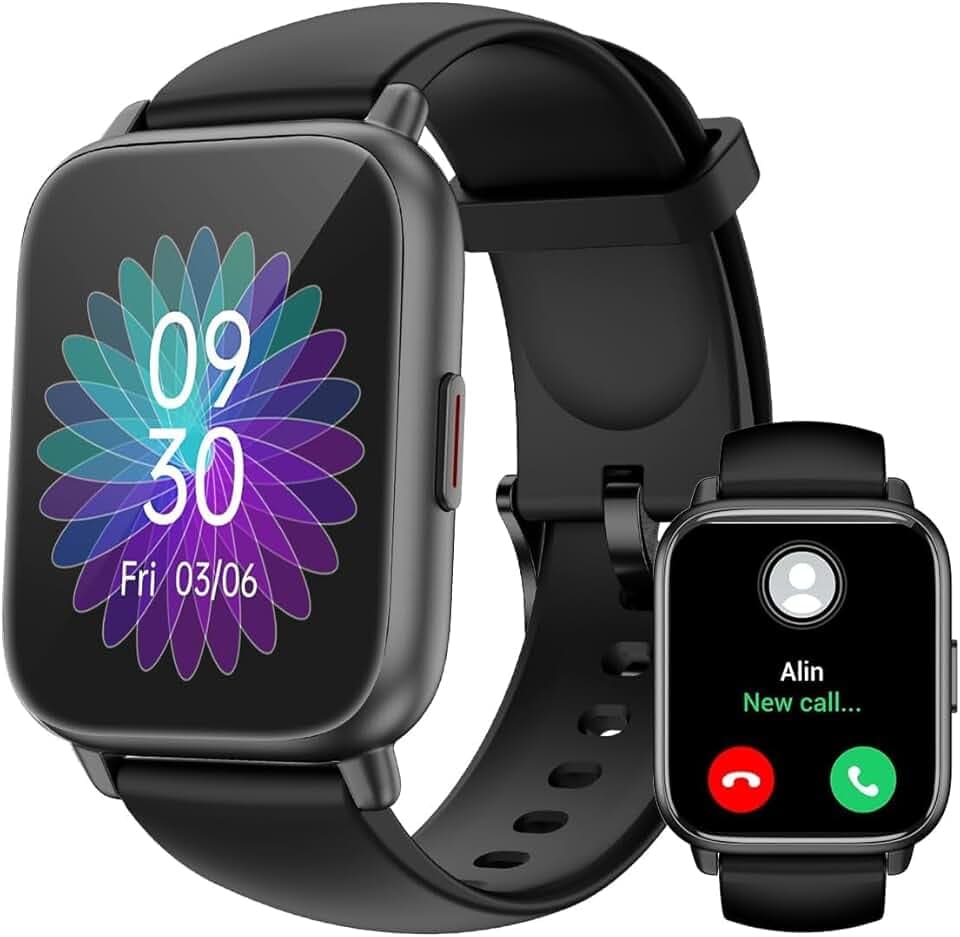 RUIMEN Montre Connectée Homme Femme avec Appel Bluetooth Smartwatch avec Podometre Cardiofrequencemetre Oxymetre Montre Sport pour iPhone Android Etanche IP68 Notification Chronometre Meteo Noir Global Recycled Standard Certifié ClimatePartner