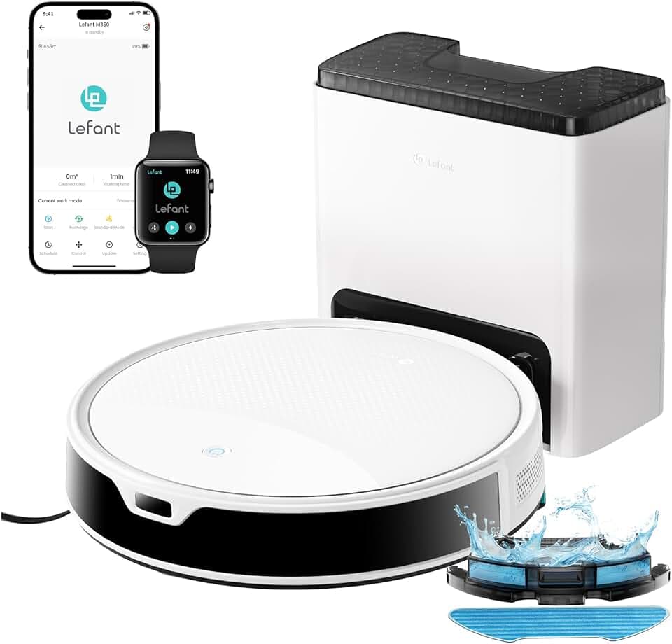 Lefant M350 Robot Aspirateur Laveur avec Station, 3 en 1, 6000Pa, Vidange Automatique, Navigation Laser avec Cartographie, Zones Virtuelles, Idéal pour Les Sols,Tapis Poils d'animaux, WiFi/Alexa/App