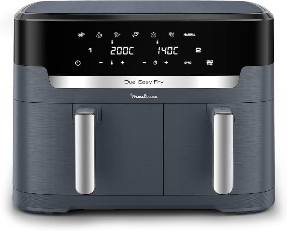 Moulinex Dual Easy Fry XXL, air fryer 2 tiroirs, jusqu'à 10personnes, 7programmes prédéfinis, EZ942BF0, Gris Foncé