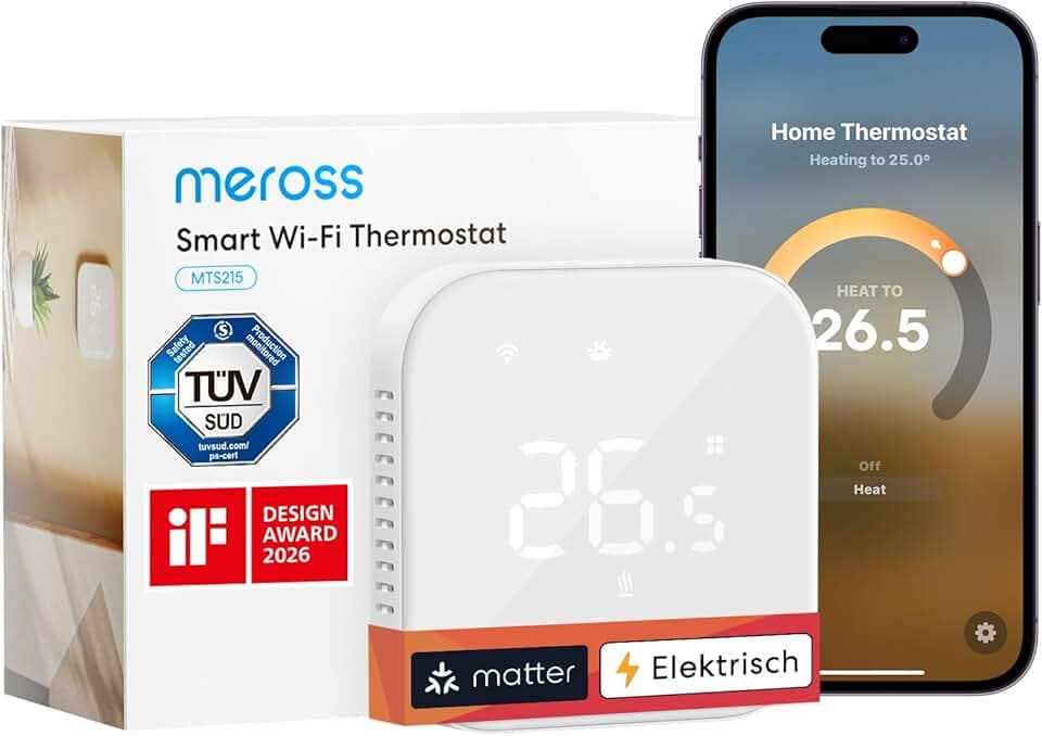 Meross Matter Thermostat Connecté, Thermostat WiFi pour Électrique/Chauffage au Sol Électrique, Compatible avec HomeKit, Alexa et Google Home, Commande Vocale et Programme Certifié ClimatePartner
