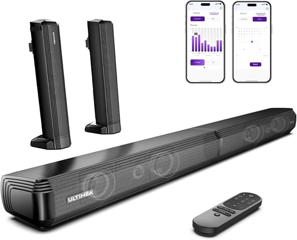 ULTIMEA Barres de Son TV, 2,2 Canaux Barre de Son 2-en-1 Détachable, Bluetooth 5.3 Enceinte pour TV avec Basses Réglables, 3 EQ Mode, Arc/Optique/Aux, Montage Mural, Modèle 2025, Apollo S40 Pro