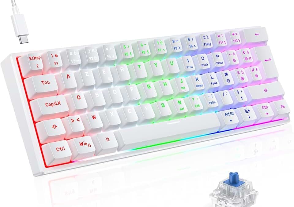 TECURS Clavier Mecanique Gaming AZERTY, Clavier Gamer de Jeu Filaire, 60% Clavier Mini LED Rétroéclairé, Anti-Ghosting, Switchs Bleu pour PC/Windows/PS4/PS5, Blanc