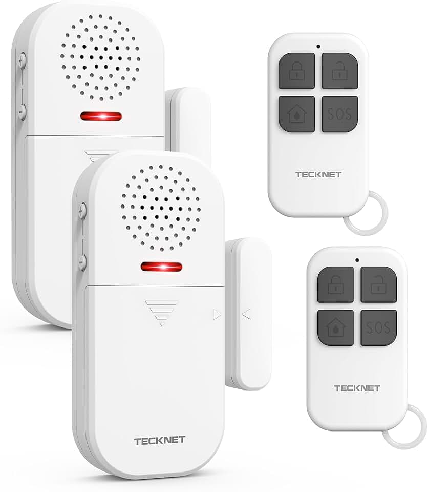 TECKNET Alarme Maison Sans Fil, Alarme Porte avec Télécommande, Détecteur Ouverture Porte 4 Modes 5 Niveaux Volume, 2 en 1 Alarme et Sonnette pour Maison, Boutique, Hôtel (2PCS) Global Recycled Standard