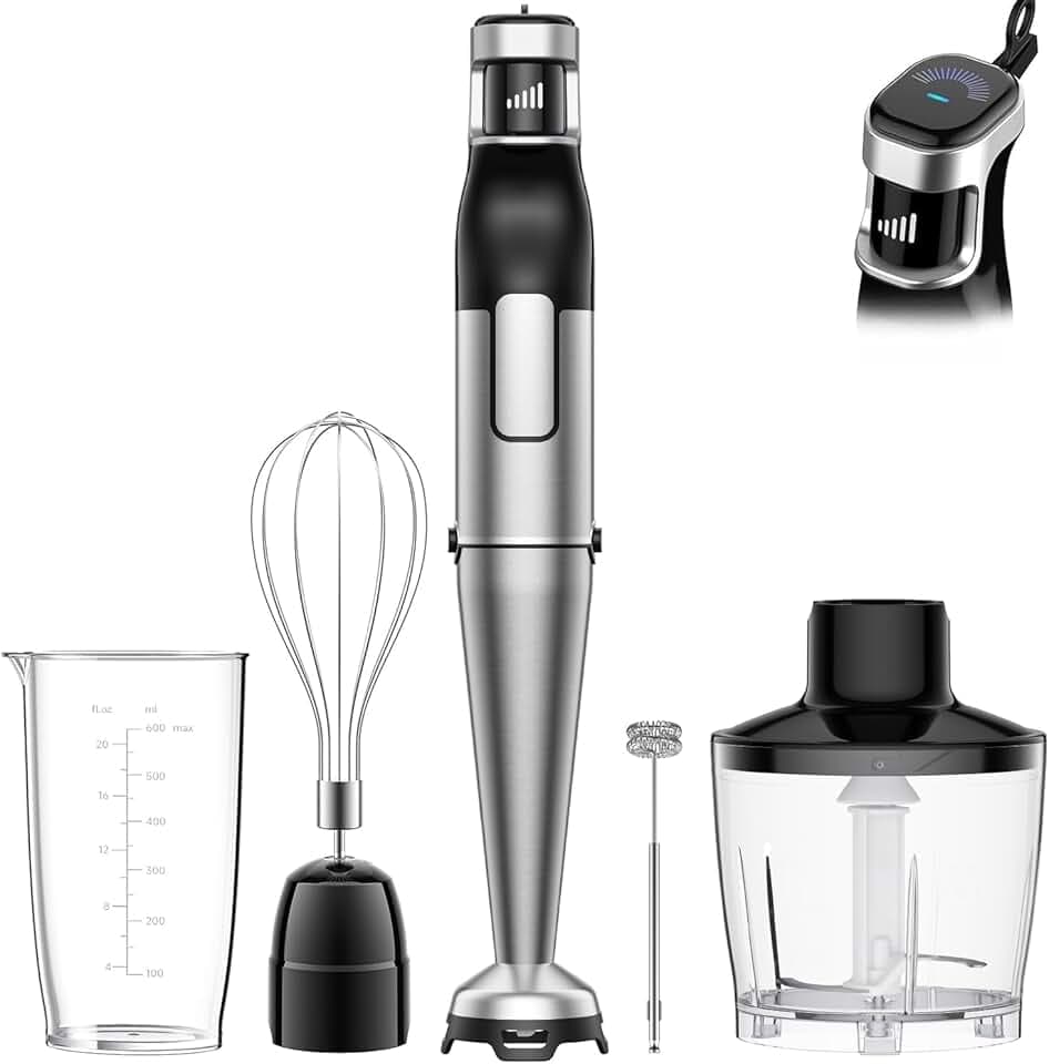 BESROY Mixeur Plongeant 5 en 1, 1100W, Vitesse Progressive, Lames Inox & Protection Anti-rayures, Hachoir Électrique, Fouet, Mousseur à Lait, Verre Doseur, pour Soupe, Smoothie, Purée