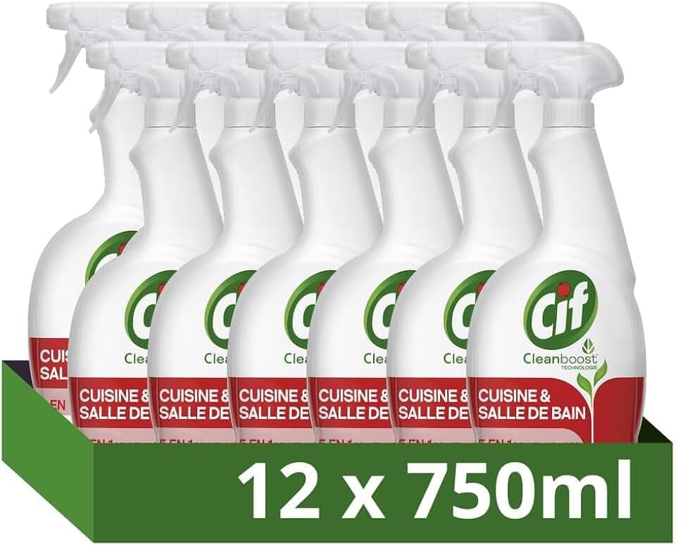 CIF - Spray nettoyant Multi-usages 5 en 1 - Technologie Cleanboost - dégraisse & détartre - assainit et fait briller (lot prOMO de 12x750ml)