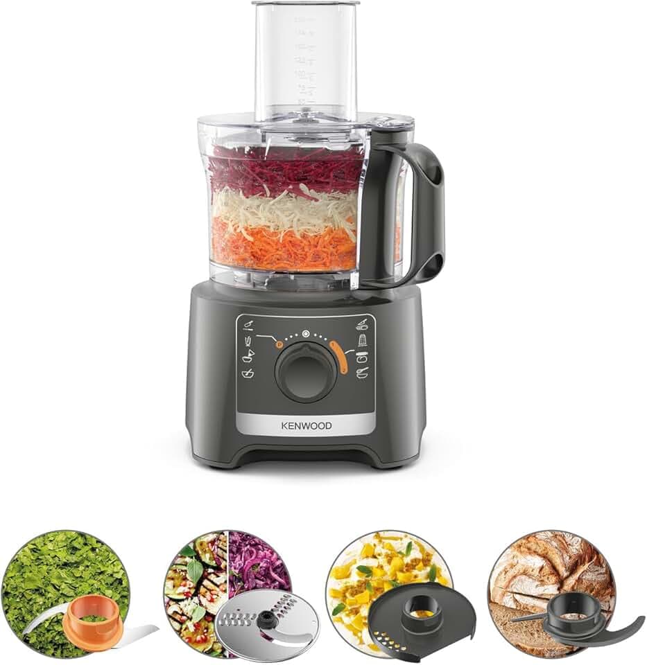 Kenwood Multipro Compact FDP31.020GY Modèle 2023, robot hachoir de cuisine avec 2 vitesses d'usinage + Pulse, bol de 2,1 L, coupe-légumes électrique pour hacher, râper et pétrir, 800 W