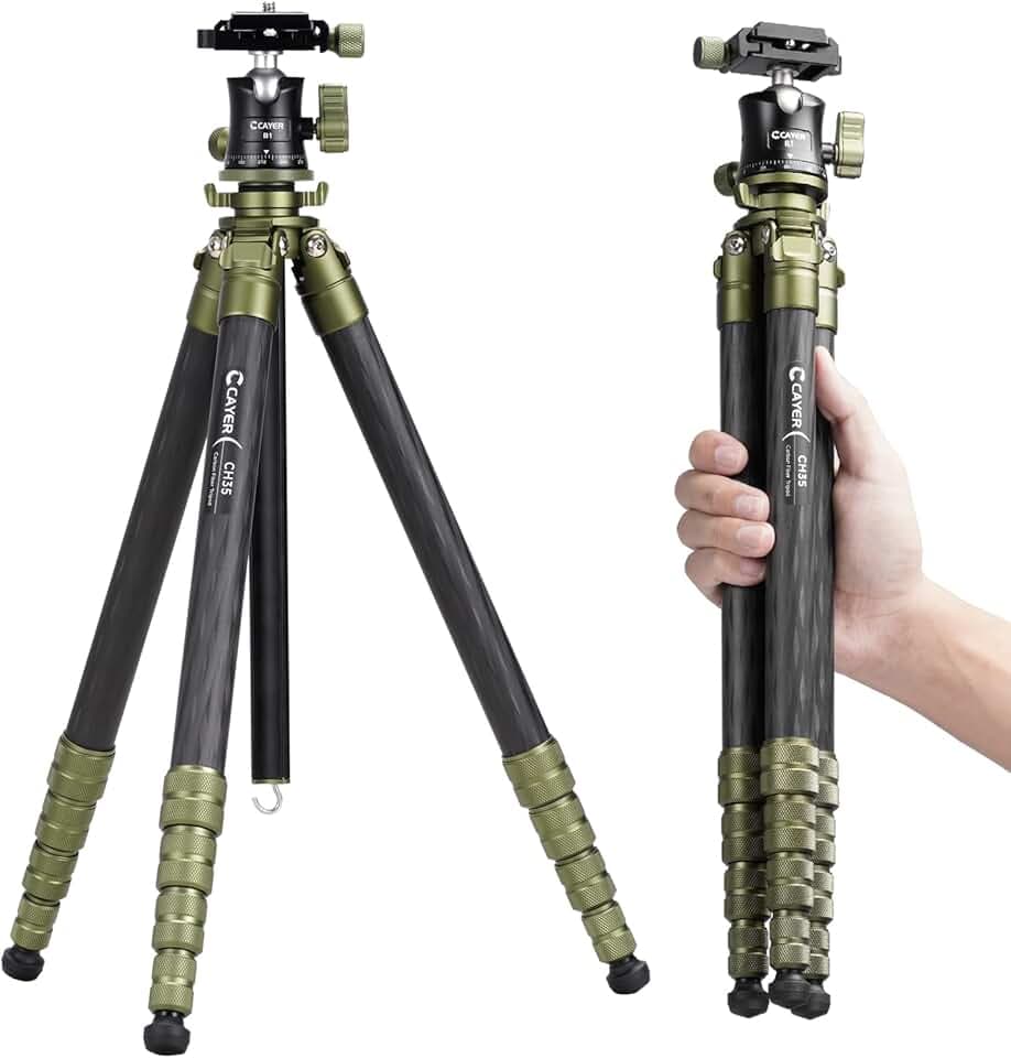 Cayer CH35 Trépied de Voyage avec Rotule, Trépied Compact en Fibre de Carbone, 136 cm (53,6 pouces), Charge Max 8 kg (17,6 lbs) pour Appareils Photo Hybrides, Caméscopes, Téléphones Mobiles et Webcams