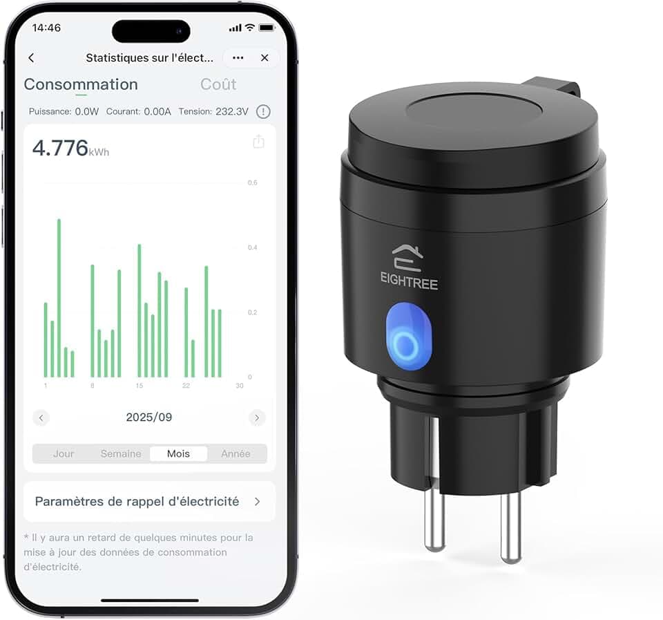 EIGHTREE Prise Wi-Fi d'extérieur - Minuterie d'extérieur - Avec mesure du courant IP44 - Étanche - Avec minuterie, télécommande et commande vocale - Compatible avec Alexa et Google Home