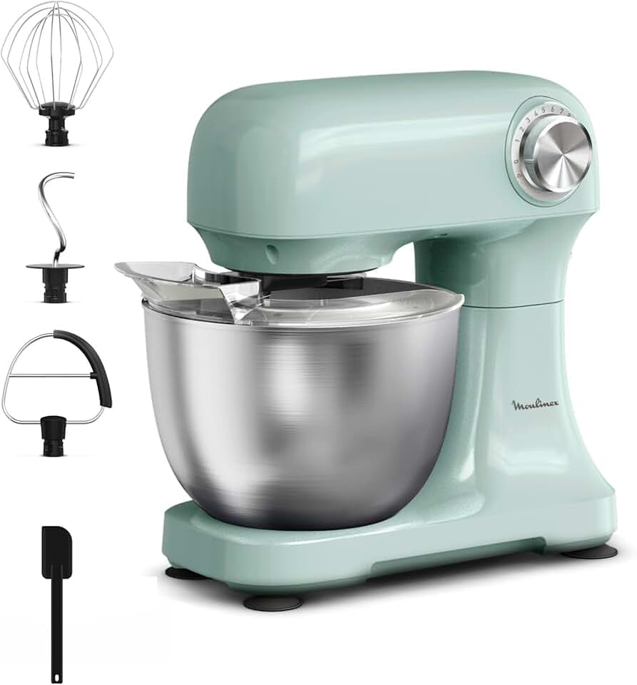 Moulinex, Bake Simple, Robot pâtissier, compact, utilisation facile, Fouet, batteur et crochet petrin, QA1413F0, Vert D'eau