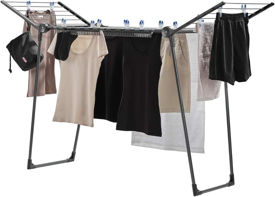 Leifheit Séchoir à linge Pegasus 150 Solid Slim Black, séchoir sur pied grande surface d'étendage, étendoir à linge solide et robuste de taille compacte, séchoir à linge noir