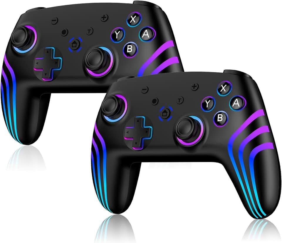 Riscvma 2pcs Manette Sans Fil pour Switch/Switch 2/Lite/OLED/PC, Manette pour Switch Pro avec éclairage RGB à 7 Couleurs Changeantes/Double Vibration/Gyroscope 6 Axes/Turbo, Joystick de Ergonomique