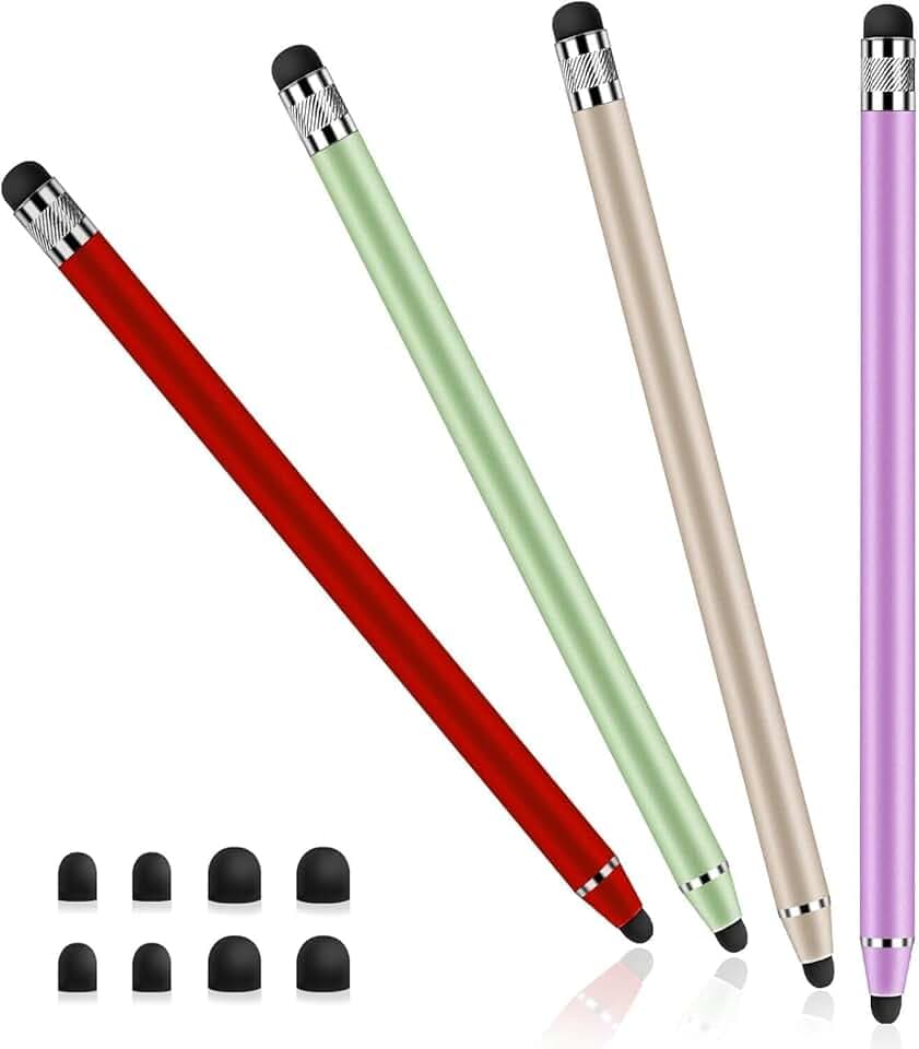 4 Pièces Stylet Tablette Universel pour Écran Tactile, Stylet Tactile Capacitif 2 en 1 pour Smartphones, Tablettes, Samsung Galaxy,iPad avec 8 Embouts de Rechange(Rouge+Violet+Vert+Or)