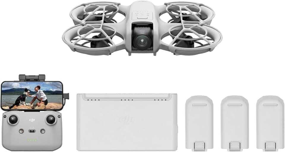 Bundle Fly More DJI Neo, Mini Drone avec Caméra 4K UHD pour Adultes, Drone Suiveur qui Vole Seul de 135 g, Décollage du Creux de la Main, Suivi de Sujet, QuickShots, avec RC-N3 et 3 Batteries