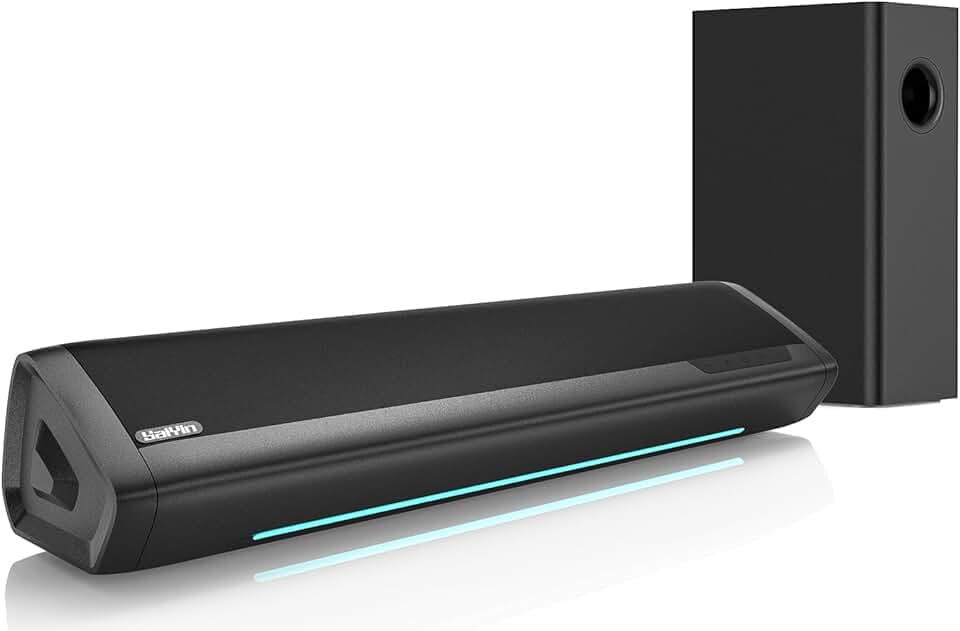 Saiyin Barre de Son avec Caisson de Basses pour TV, Barre de Son 17 Pouces, Home Cinema 2.1ch avec Basses Ajustables, indicateur de Volume et entrée Bluetooth/Optique/AUX pour TV, PC, Vidéoprojecteur Global Recycled Standard