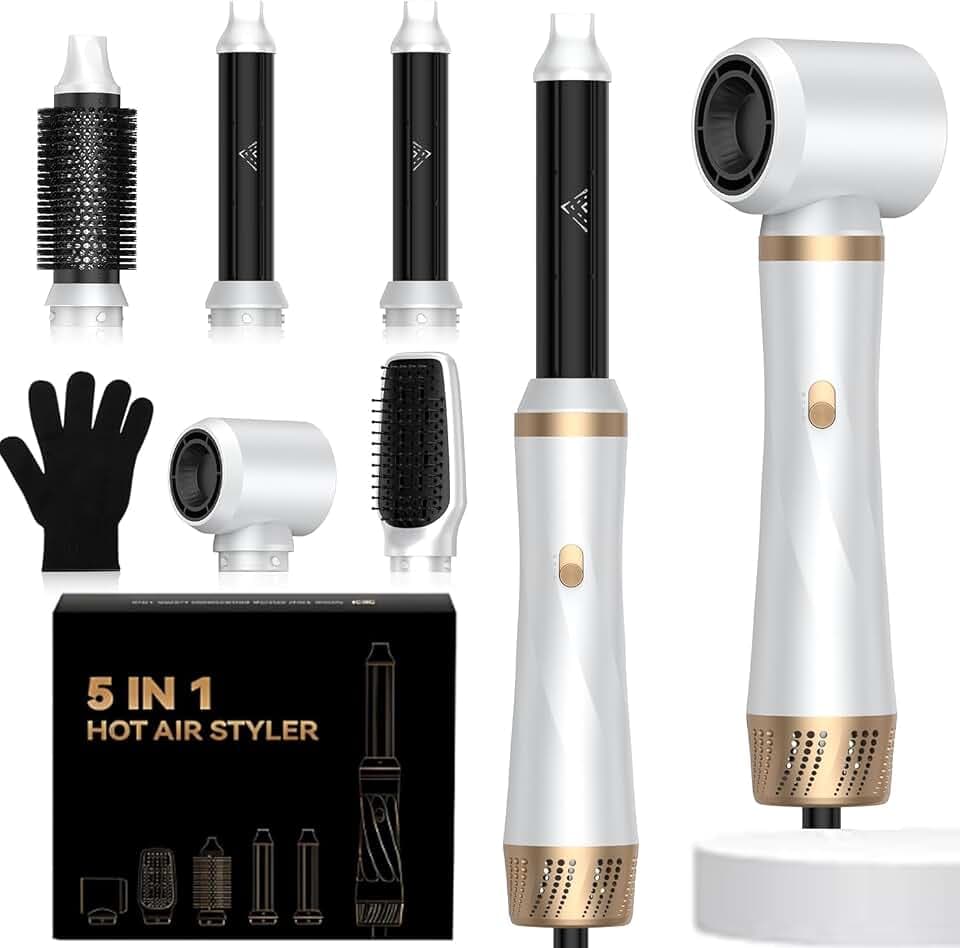 Brosse Soufflante 5 en 1 Air Styler Air Brush, Hair Styler 1000W Airbrush avec Seche Cheveux, Brosse Lissante Cheveux, Boucleur a Cheveux, Brosse Chauffante pour Sécher, Volumatrice, Lissante,Boucleur